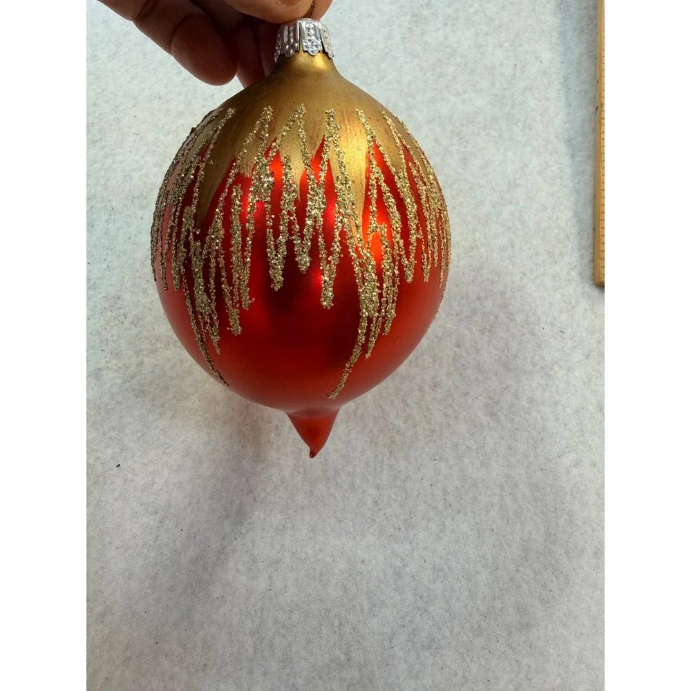 Vintage Style Glass Christmas Ornament Orange Gold Glitter Icicle Teardrop 4.5in